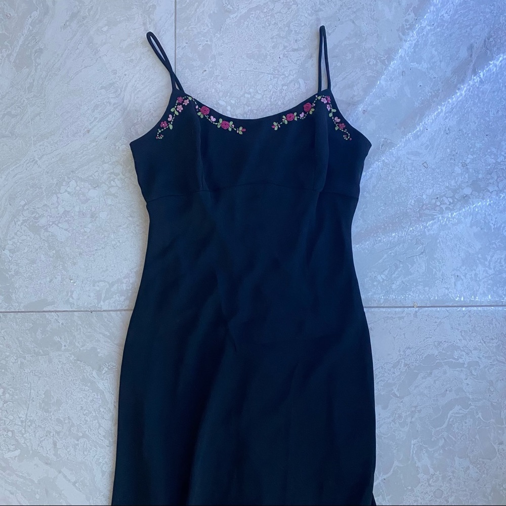 Gunne Sax Floral Embellishment Black Maxi Slip Dress